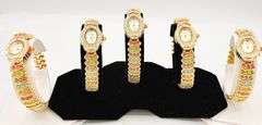GROUP LOT OF 5x MATCHING 14KT YELLOW GOLD PLATED GENEVA WATCHES WITH GEMSTONES.