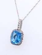 Dreamy White Gold Cushion Cut Blue Topaz and Diamond Pendant on Chain