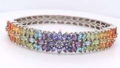 925 Sterling Silver Multi Color Cubic ZirconiaFlower Style Bangle