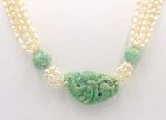 Multi Starnd Pearl Necklace with Green Jade