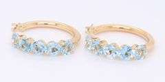 Elegant Yellow Gold Round Brilliant Cut Blue Topaz Hoop Earrings