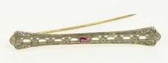 14K White Gold Art Deco Ruby Filigree Ornate Antique Bar Pin/Brooch