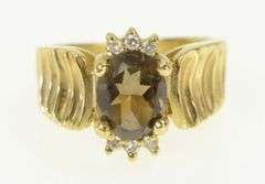 14K Yellow Gold Smoky Quartz Diamond Curved Grooved Ring