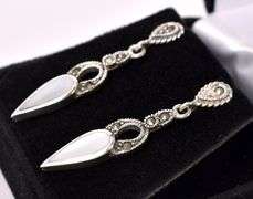 Mother of Pearl and Marcasite Gem Earrings In Sterling Silver