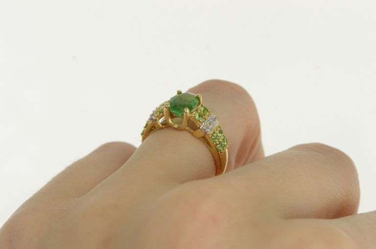 14K Yellow Gold Emerald Peridot Diamond Vintage Statement Ring