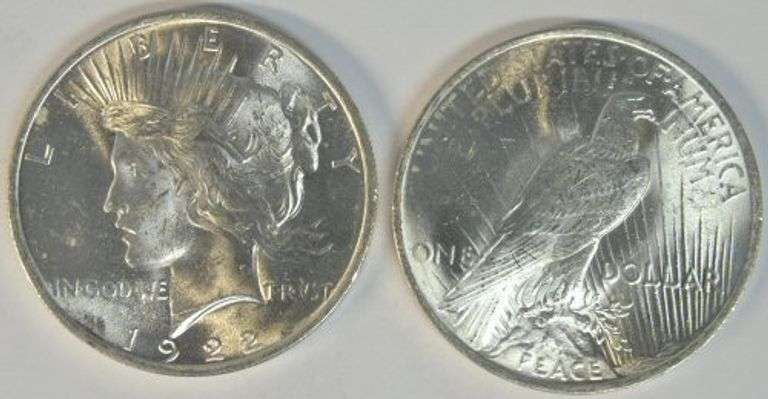 Blazing-white Choice BU roll of 20 1922 Peace Silver Dollars