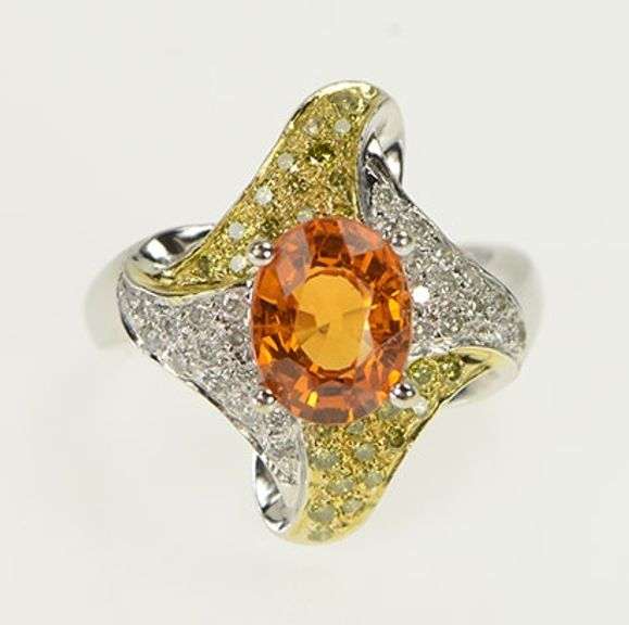 14K White Gold Fire Opal Pave Yellow & White Diamond Ring