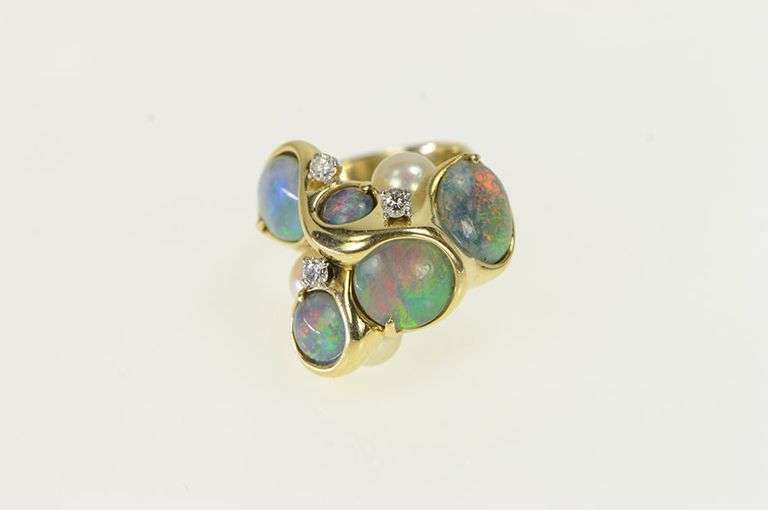 14K Yellow Gold Modernist Retro Opal Pearl Diamond Cluster Ring