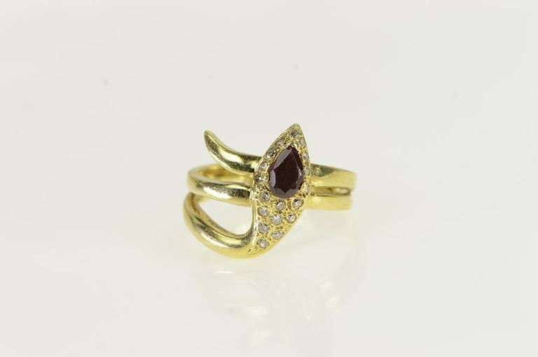 14K Yellow Gold Pear Ruby Pave Diamond Snake Serpent Ring
