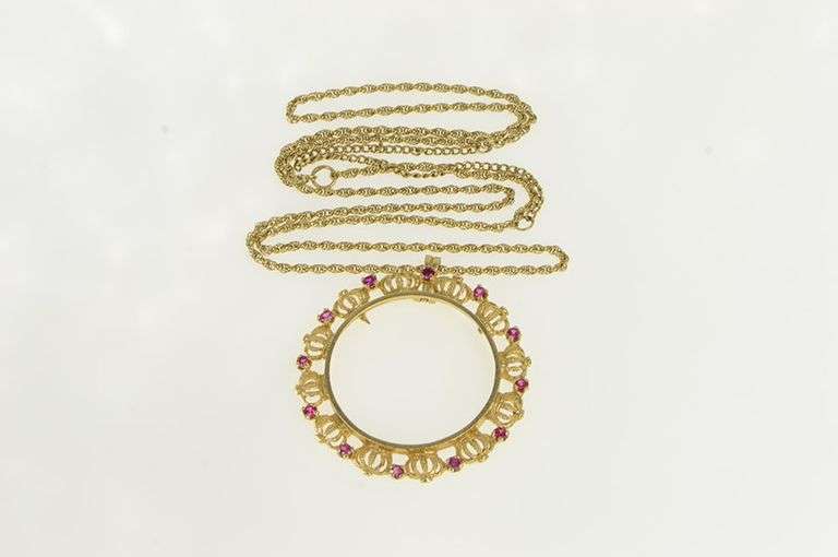 14K Yellow Gold Ruby 1 Oz Gold Eagle $50 Coin Holder Chain Necklace