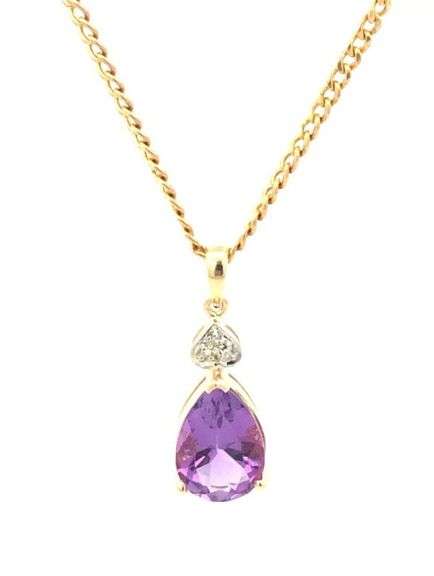 14K Yellow Gold Pear Amethyst Diamond Accent Statement Pendant