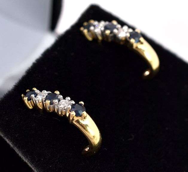 Attractive Blue Sapphire and Diamond J-Hoop Earrings in 14K Yellow Gold