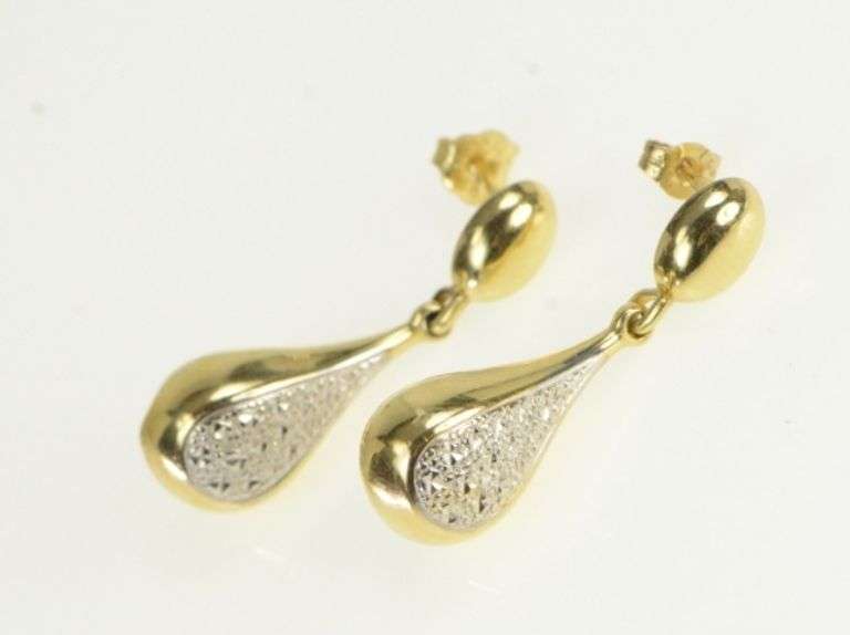 14K Yellow Gold Two Tone Textured Vintage Dangle Teardrop Earrings