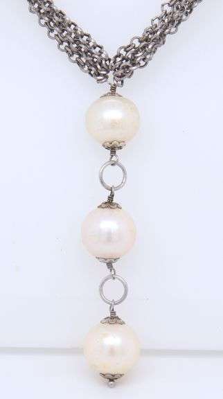 925 Sterling Silver Dangle Pearl Pendant on Multi Strand Chain Necklace
