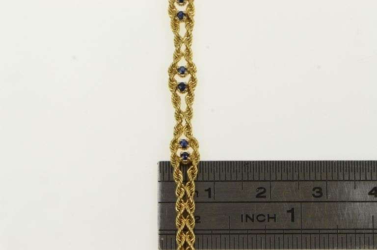 14K Yellow Gold Sapphire Ornate Rope Link Vintage Chain Bracelet