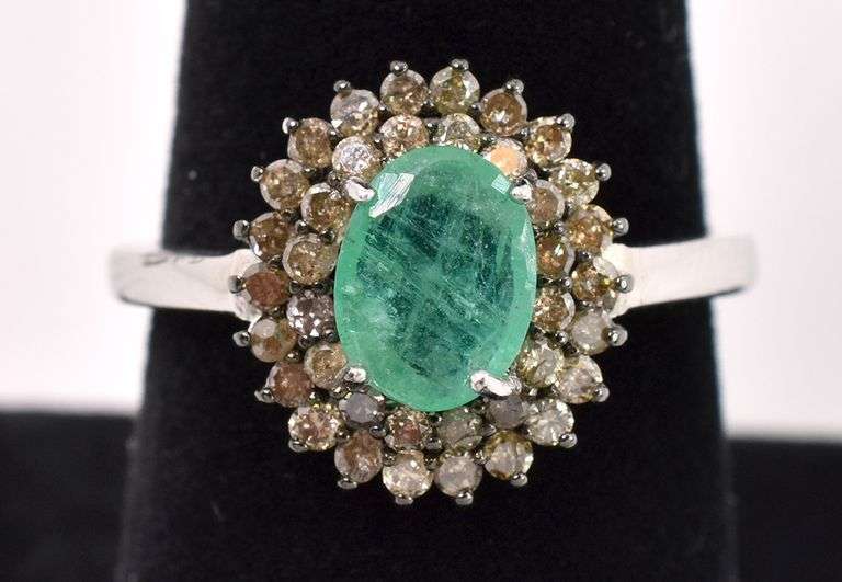 Excellent 1.2CTS Emerald & 0.65CTW Diamond Ring in Sterling Silver