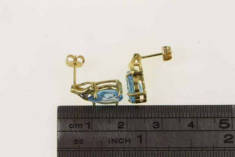 14K Yellow Gold Pear Blue Topaz Diamond Accent Vintage Earrings