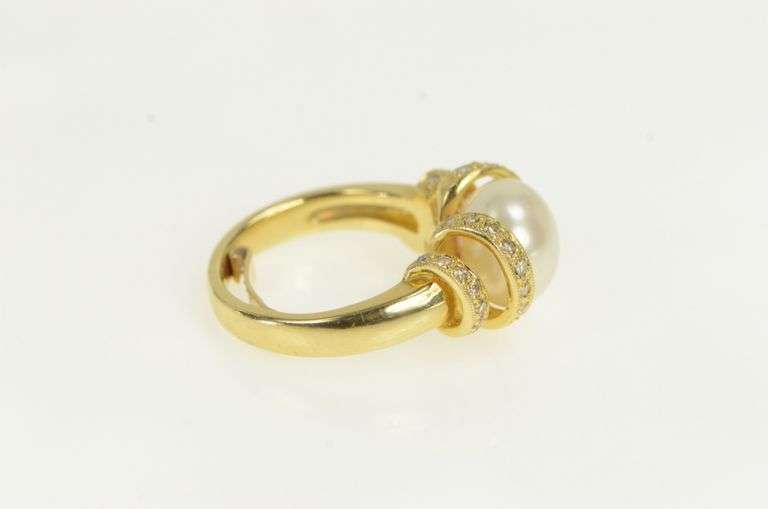 14K Yellow Gold Pearl Diamond Spiral Corkscrew Statement Ring