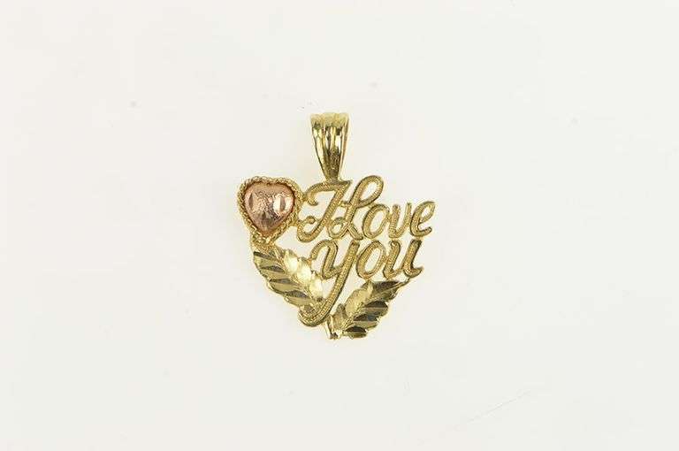 14K Yellow Gold I Love You Heart Romantic Message Leaf Charm/Pendant