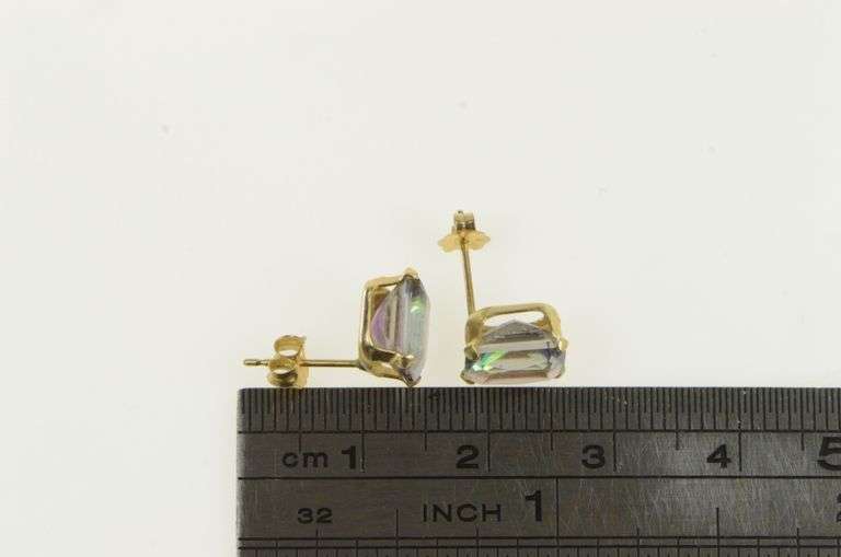 14K Yellow Gold Emerald Cut Mystic Topaz Vintage Stud Earrings