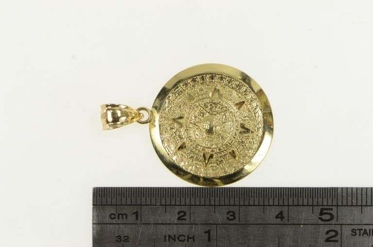 14K Yellow Gold Ancient Mayan Calendar Vintage Medallion Charm/Pendant