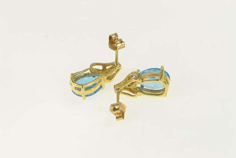14K Yellow Gold Pear Blue Topaz Diamond Accent Vintage Earrings