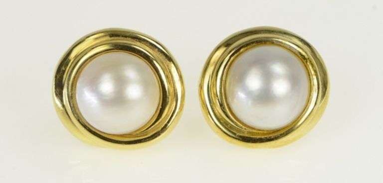 18K Yellow Gold 12.2mm Mabe Pearl Retro French Clip Earrings