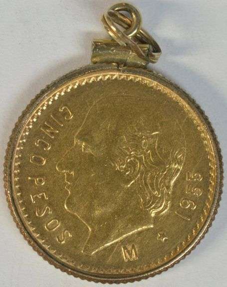 Nice BU 1955 Mexico 5 Pesos Gold Piece in gold bezel