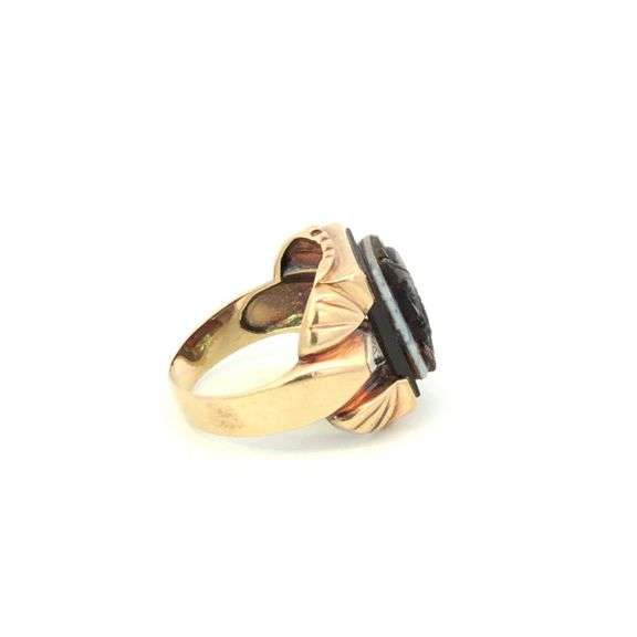 10K Yellow Gold Art Deco Carved Agate Intaglio Diamond Men's Ring