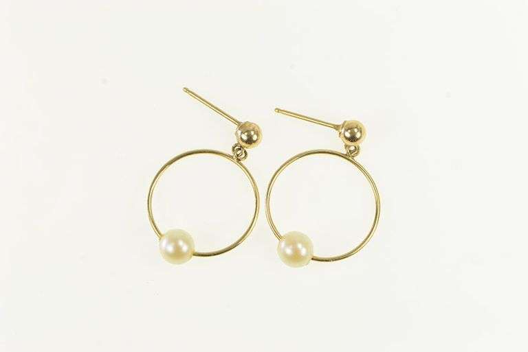 14K Yellow Gold Pearl Beaded Round Circle Drop Dangle Earrings