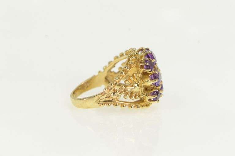 14K Yellow Gold Ornate Retro Amethyst Statement Cluster Ring
