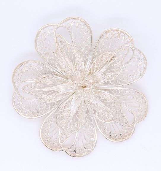 Vintage 925 Sterling Silver Filigree Flower Brooch