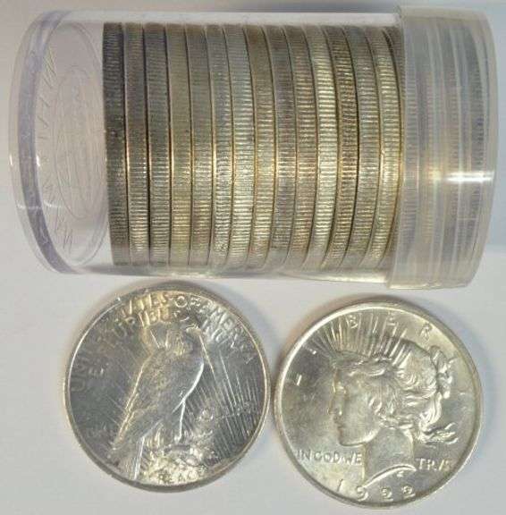Nice roll of 20 AU/BU mixed date Peace Silver Dollars from 1920's