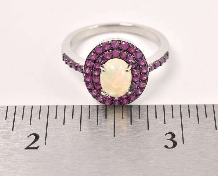 Radiant 2.3CTS Opal & 0.96CTW Ruby Ring in Sterling Silver
