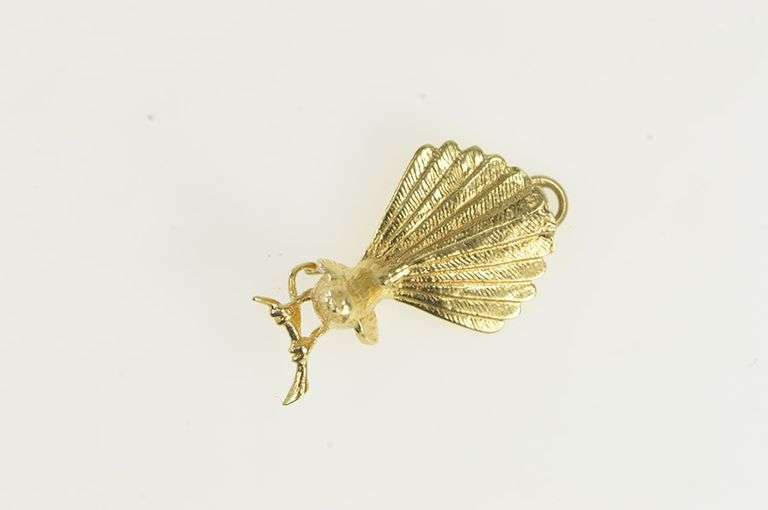 14K Yellow Gold 3D Fantail Perched Animal Bird Watcher Charm/Pendant