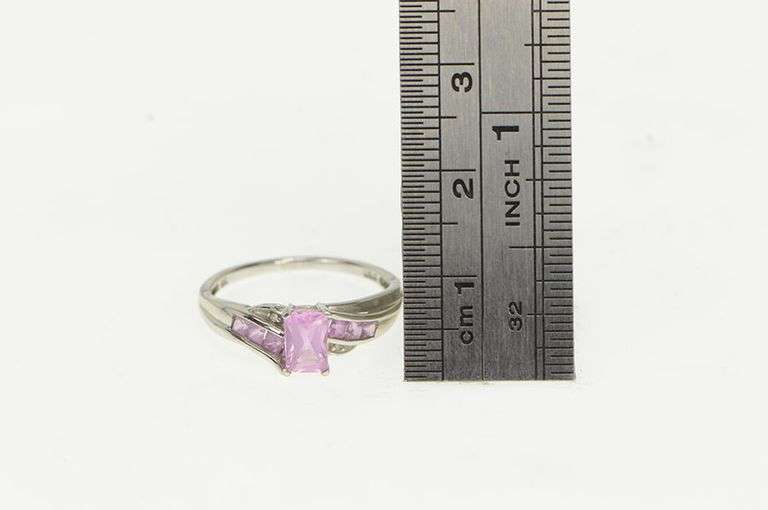 10K White Gold Emerald Cut Pink Topaz Diamond Accent Ring