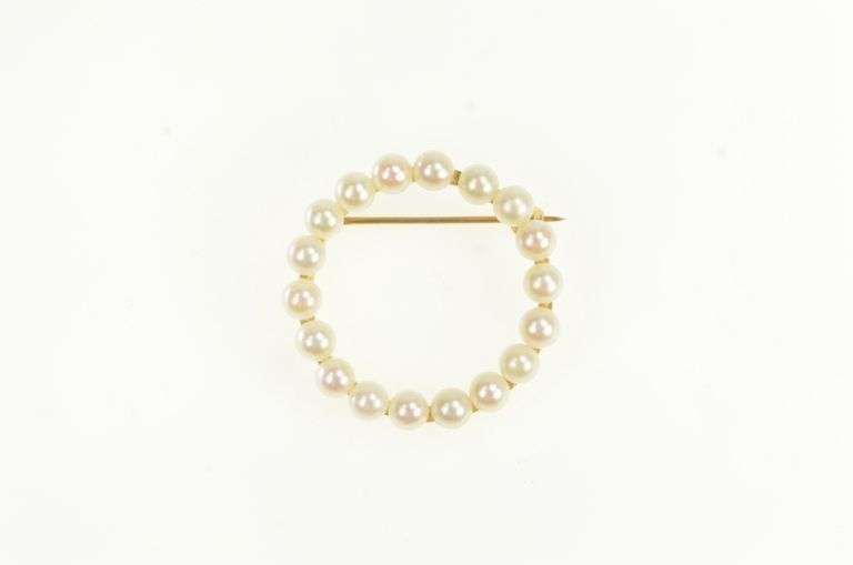 14K Yellow Gold Pearl Vintage Classic Round Circle Pin/Brooch