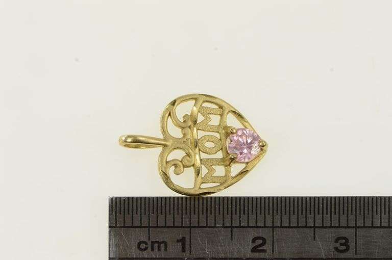 14K Yellow Gold Mom Mother's Day Heart Pink CZ Vintage Charm/Pendant