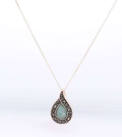 Vintage 925 Sterling Silver Jade and Marcasite Pendant on Chain