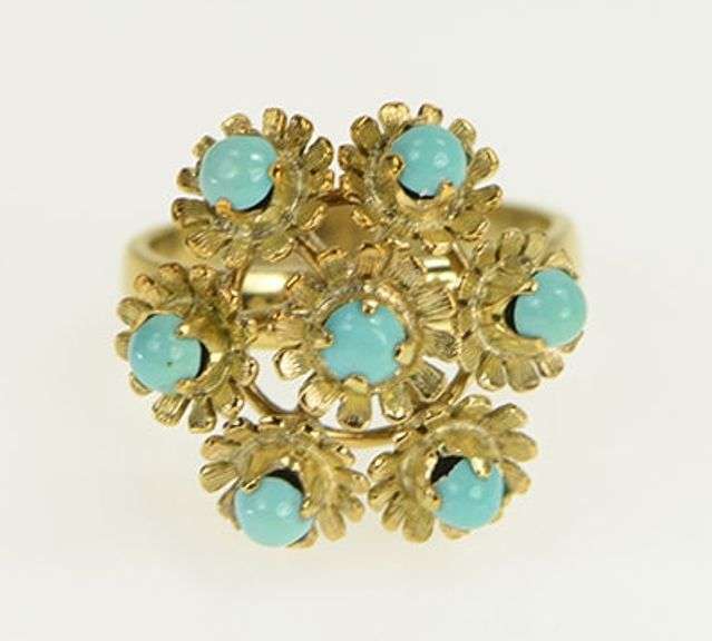 14K Yellow Gold Turquoise Ornate Vintage Floral Cocktail Ring