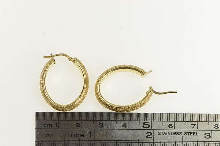 14K Yellow Gold 26mm Oval Textured Vintage Statement Hoop Earrings