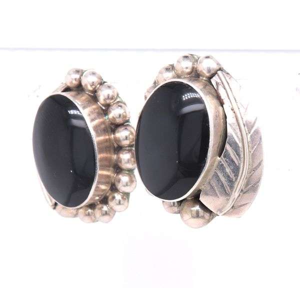 Vintage 925 Sterling Silver Mexico Black Onyx Clip Earrings