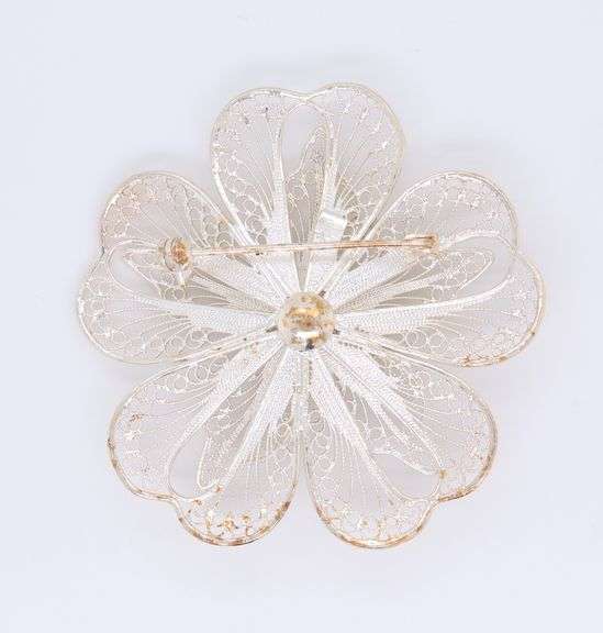 Vintage 925 Sterling Silver Filigree Flower Brooch