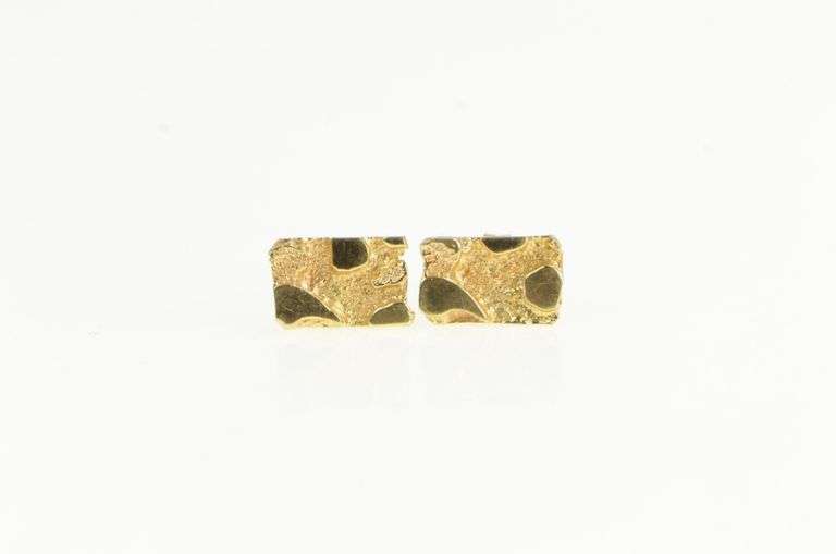 14K Yellow Gold Textured Nugget Square Vintage Stud Earrings