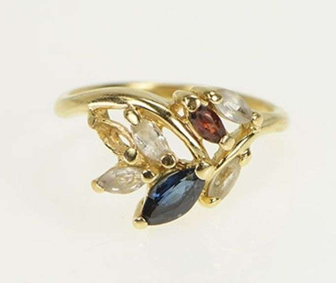 14K Yellow Gold Marquise Garnet CZ Syn. Sapphire Cluster Ring