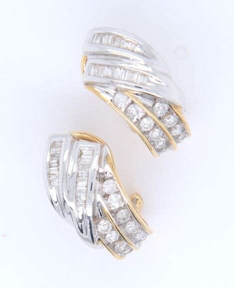 Attractive 1.50ctw Two Tone Baguette and Round Diamond Earrings
