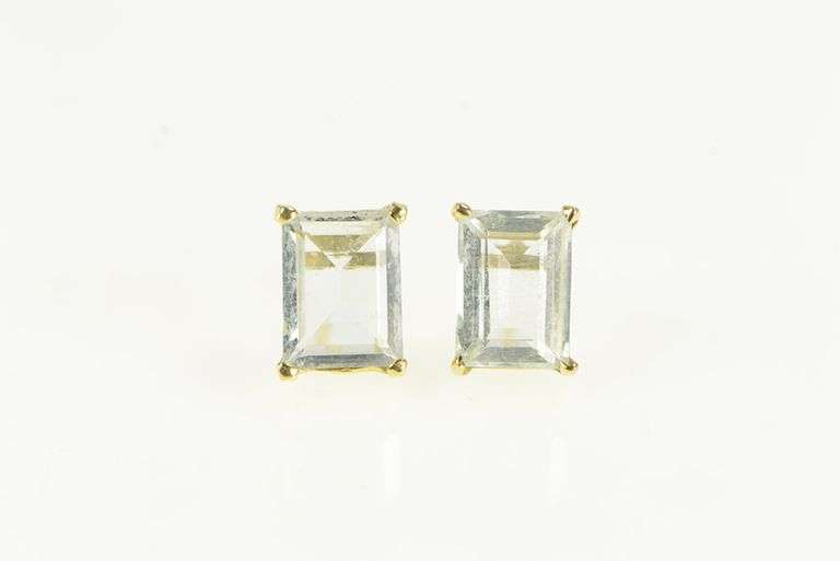 14K Yellow Gold Emerald Cut Aquamarine Solitaire Stud Earrings