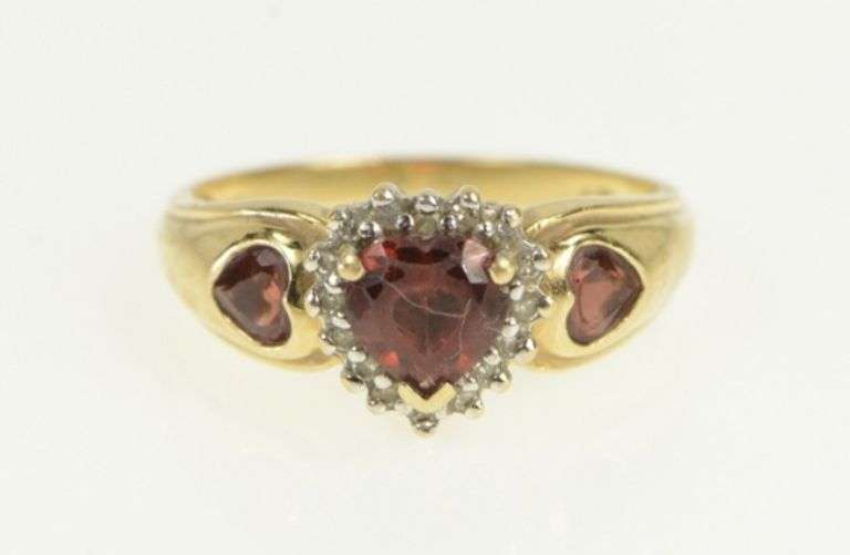 10K Yellow Gold Heart Garnet Diamond Halo Love Romantic Ring