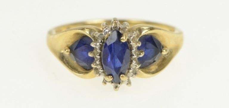 10K Yellow Gold Syn. Marquise Sapphire Diamond Halo Statement Ring