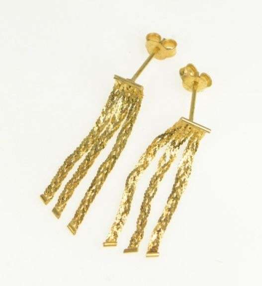 14K Yellow Gold Braided Woven Chain Dangle Fringe Tassel Earrings